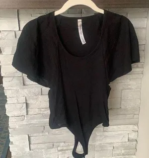Free People flutter sleeve ribbed black bodysuit thumbnail 1