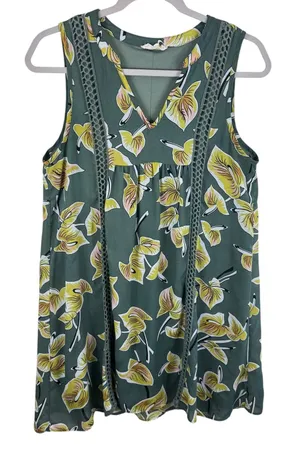 Entro‎ Green Floral Sleeveless Lined Split Neck Crochet Pullover Mini Dress Sz S thumbnail 1