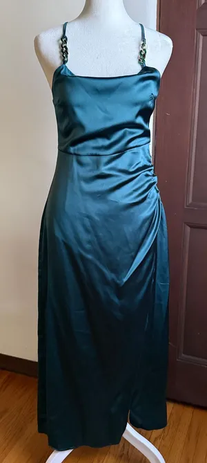 ZARA Emerald Green Satin Cowl Neck Midi Dress with Chain Detail Small thumbnail 1