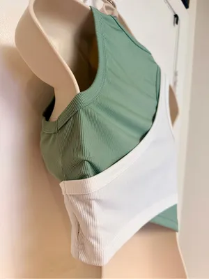 Fresral Ribbed Colorblock Wrap Crop Tank Top Sage Green White Size Small S thumbnail 7