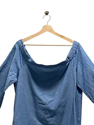 Free People Show Me Some Shoulder Chambray Top Blue Size L Minimalist Boho Beach thumbnail 6