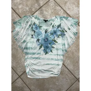 Express Blue Floral Top with Sheer Butterfly Sleeves – Women's Size Small thumbnail 5