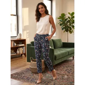 LOFT‎ Ankle Pants Women 2 Navy Blue Julie Floral Vine Print Stretch Trousers thumbnail 2