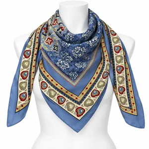 New Stu Square Scarf Blue Floral Heart Medallion Silk Boho Chic Cottagecore thumbnail 1