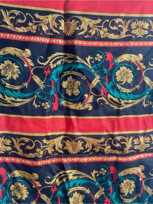 Vintage 80s Elaine Gold Silk neck scarf baroque pattern red gold green print thumbnail 3