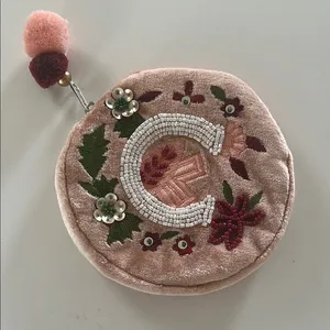 Pink and Green Embroidered Cosmetic Bag with Pom-Poms thumbnail 1