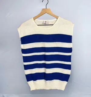 Sweater Bazaar Vintage 80s Blue & White Striped Heart Sleeveless Sweater Tee thumbnail 1