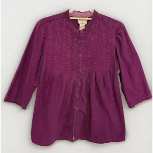 Vtg April Cornell Top Button Up Corduroy Burgundy Purple Embroidered M Cottage thumbnail 1
