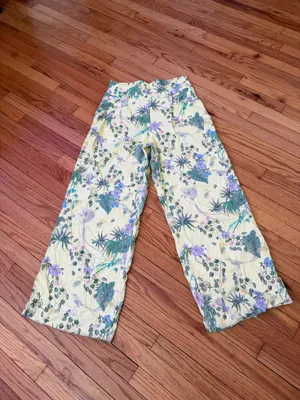 INC International Concepts Linen High Waist pleated Yellow Floral Wide Sz M Pants bright vibrant cottage thumbnail 3
