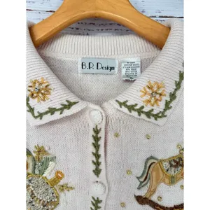Vintage Ugly Christmas Sweater Women's‎ XL Pink Winter Holiday Beaded Cardigan thumbnail 5