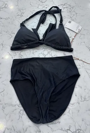 New Quince Black Italian Full Coverage Ring Triangle Bikini Top High Rise Bottom thumbnail 1