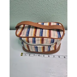Striped Makeup Cosmetic Zipper with Handle‎ Beads Bag Brown thumbnail 5