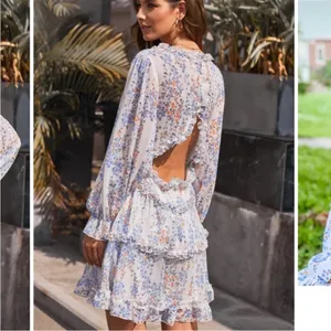 Hello Molly blue Floral Tiered Cutout Dress long sleeve flowy babydoll XS thumbnail 2