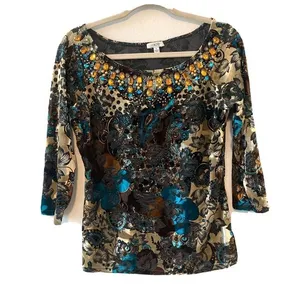 Cache Womens Size Large Multicolor Floral Velvet Embellished Stretch Blouse thumbnail 1