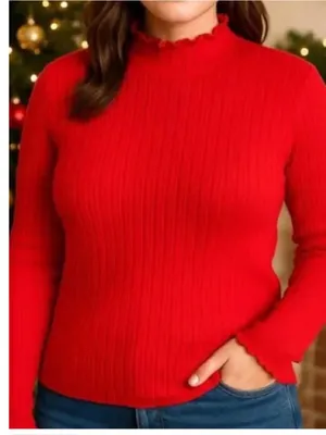 J. Crew Ribbed Scalloped Trim Red Turtleneck Sweater Size XS NWT thumbnail 2