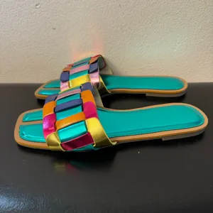 Women’s Metallic Slide Sandals – Color Block Woven Strap, Flat Comfort thumbnail 7
