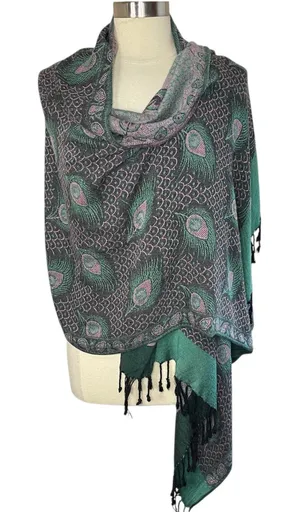 BOHEMIAN Peacock Feathers Print Pashmina, Black Green Pink thumbnail 1
