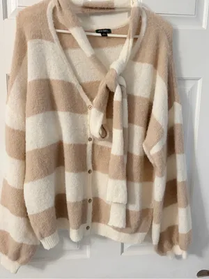 wild fable Beige & Cream Striped Tie-Neck Cardigan thumbnail 2