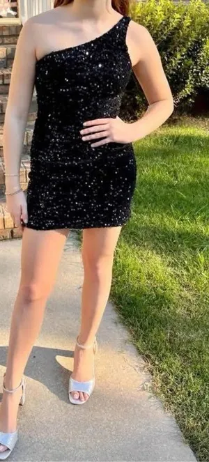 Source Unknown Black Sequin One Shoulder Mini Dress Bodycon Party Cocktail Size 4 thumbnail 1