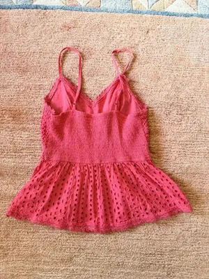 Japna Red Cotton Eyelet Lace Peplum Tank Top Adjustable Straps Size S thumbnail 2