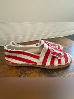 Tory Burch Fray Stripe Espadrille Flats Red White Canvas Logo Slip On Shoes 8.5 thumbnail 2