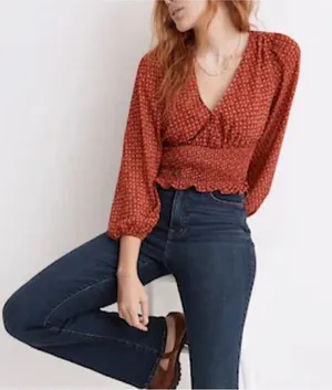 NWT Madewell Julianne Red Floral Smocked Waist Blouse Sz M thumbnail 1