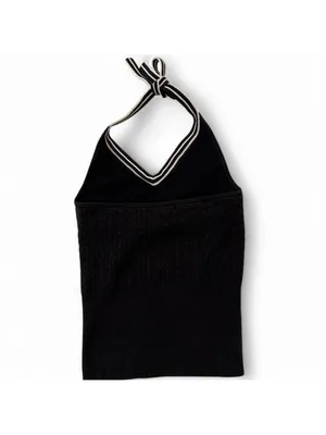 Banana Republic Black sweater halter neck top with white stripes built-in bra Si thumbnail 5