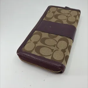 Coach Signature C Accordion Zip Khaki Burgundy Canvas Wallet thumbnail 5