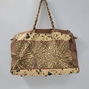 Paul Breut Travel Weekender Duffle Bag Large Brown Canvas Sequin Palm Tree Print thumbnail 4