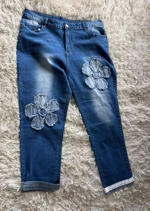 Floral Applique Lace Trim Straight Leg Denim Jeans Blue 3XL Boho‎ Stretch thumbnail 1