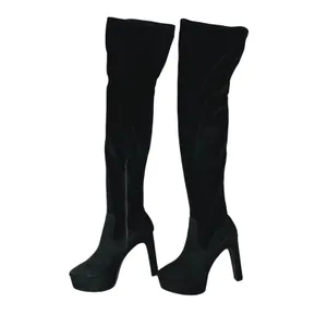 H & M Thigh High Platform Boots Stretch Faux Suede Black 10 thumbnail 7
