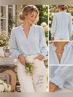 J.Crew Classic Sky Blue Clip Dot Ruffle Trim Popover Blouse Size Medium thumbnail 2