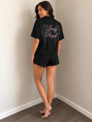 Juicy Couture Black 'Juicy Angel' Short Pajama Set with Pink Embroidery thumbnail 2