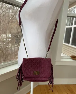 Art Class Burgundy Quilted Faux Suede Fringe Mini Bag Purse Crossbody thumbnail 4