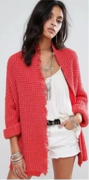 Free‎ People I'll Be Around Silk Cotton Waffle Fringe Sweater Oversized Small thumbnail 1