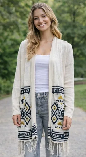 Skies Are Blue Cream Aztec Tribal Fringe Long Cardigan Sweater Size Medium thumbnail 1