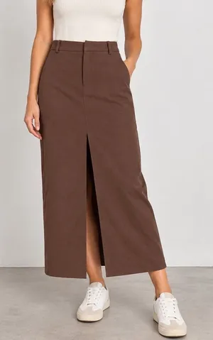 Cider Brown Front Slit Maxi Skirt High Waisted Brown Size Small Quiet Luxury thumbnail 1