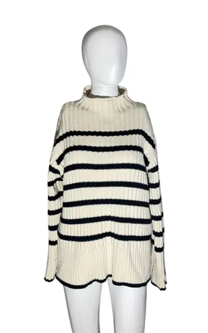 ZARA Medium Ivory & Black Ribbed Knit Striped Sweater Medium thumbnail 1
