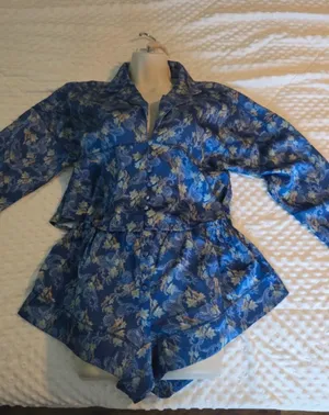 Anthropology Blue Floral Satin Long-Sleeve Jacket thumbnail 1