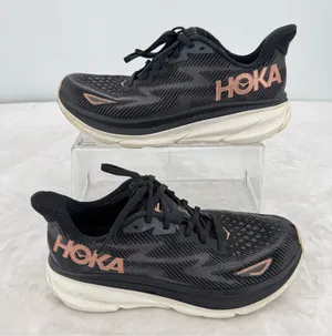 Hoka Women’s Clifton 9 Athletic Shoes Sneakers Black Rose Gold Size 8.5B READ thumbnail 1