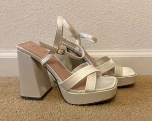 Lulus White Satin Strappy Heels in Size 6 thumbnail 1