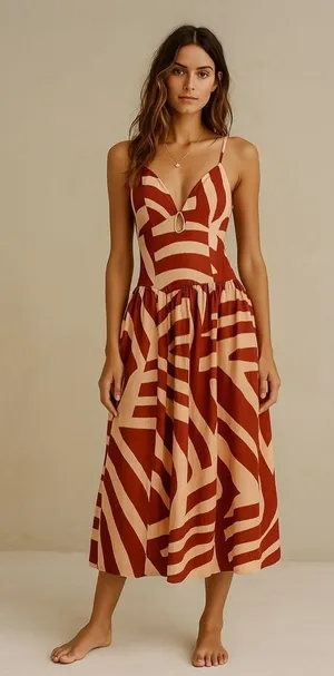 Mon Renn Surreal Midi Dress Tropico Print Red Medium Drop Waist Vacation Resort thumbnail 1
