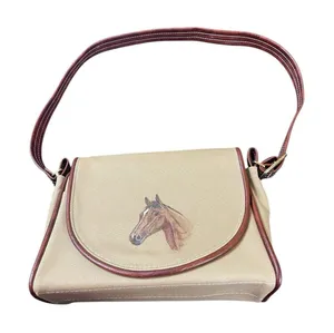VTG Equestrian Horse Head Canvas Shoulder Bag Brown Leather Trim Country Western thumbnail 1