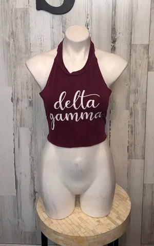 Delta Gamma Sorority Halter Crop Top Burgundy Tie Back Graphic Size S thumbnail 1