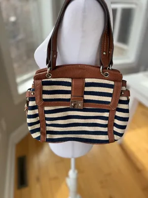 Vintage Chaps Navy Blue and Ivory Striped Shoulder Bag Purse thumbnail 9
