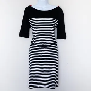 Lauren Ralph Lauren Sheath‎ Dress Women Size L Black White Striped Belted Cotton thumbnail 2