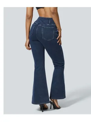 Halara large Womens Dark Wash Denim Criss Cross Waist Flare Jeans Size L thumbnail 2