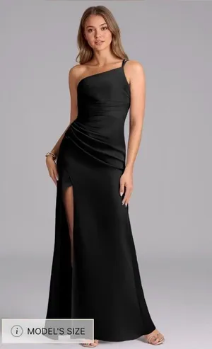 NWT Azazie Eren Stretch Black Mermaid One Shoulder Stretch Satin Dress size A0 thumbnail 1