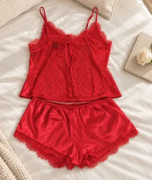 Victoria’s Secret Lace Back Satin Cami Shorts Pajama Set Red Large NWT thumbnail 1