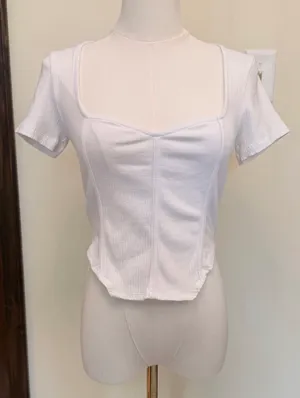 ASOS white ribbed short sleeve corset sweetheart neckline top thumbnail 1